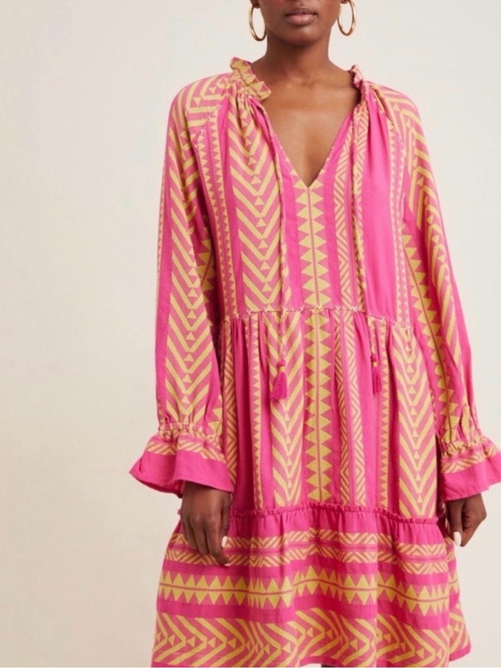 Maeve Pink and Yellow Geometric Tassel Tie Dress